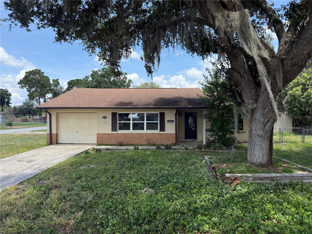 A single-story house with a tan exterior, brick base, and a large oak tree — 1244 COUNTY ROAD 437, LAKE PANASOFFKEE, FL