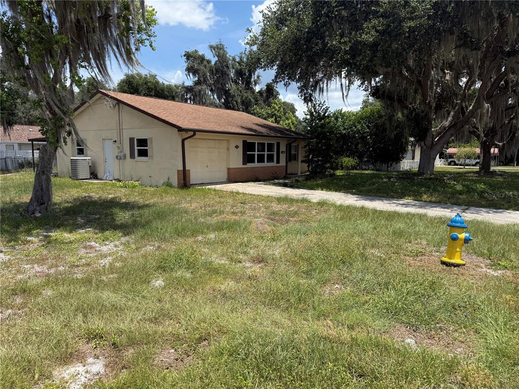 A single-story house with a tan exterior, a garage, and a fire hydrant in the yard — 1244 COUNTY ROAD 437, LAKE PANASOFFKEE, FL