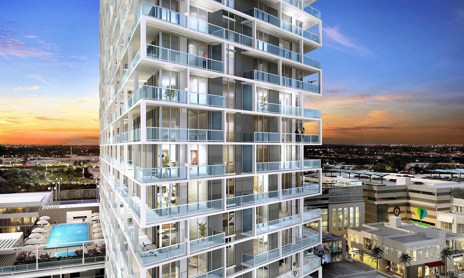 This is a digital rendering of a modern high-rise apartment building at sunset — 2000 Metropica Way # 2107, Sunrise FL 33323, SUNRISE, FL