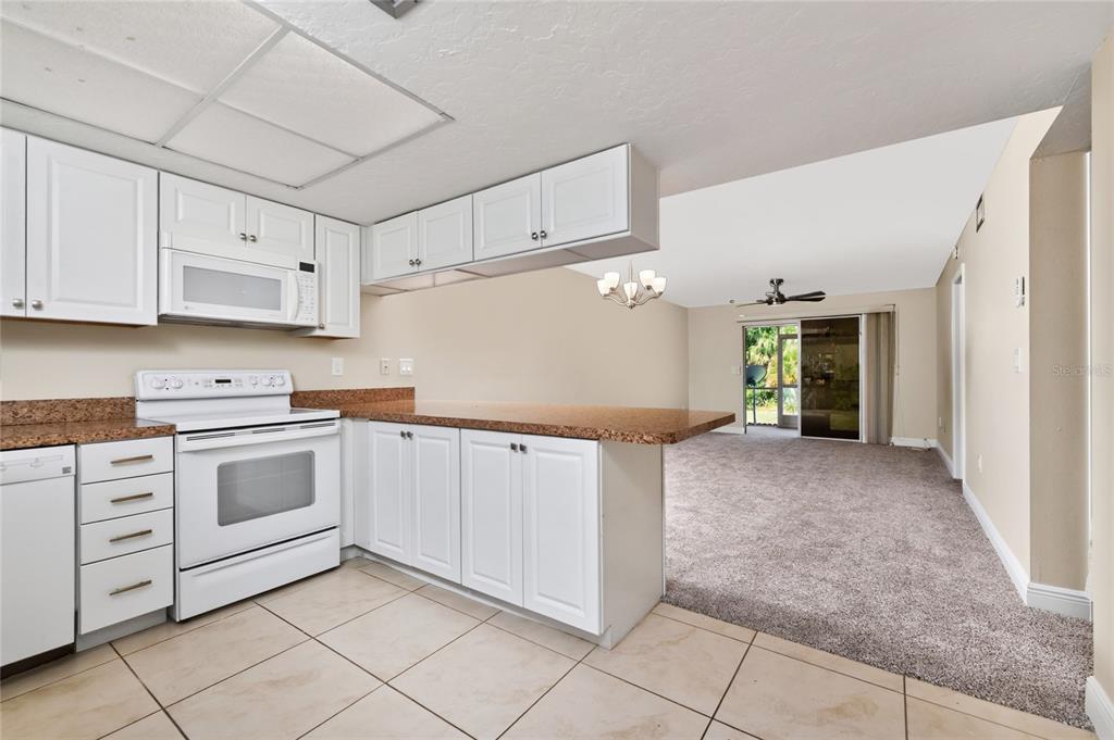 A kitchen with white cabinets and granite countertops overlooks a carpeted living area — 179 BOUNDARY BOULEVARD UNIT 3, ROTONDA WEST, FL