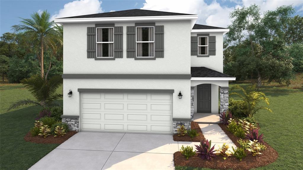 A digital rendering of a two-story house with a white stucco exterior and two-car garage — 8845 CLEAR VIEW STREET, PARRISH, FL