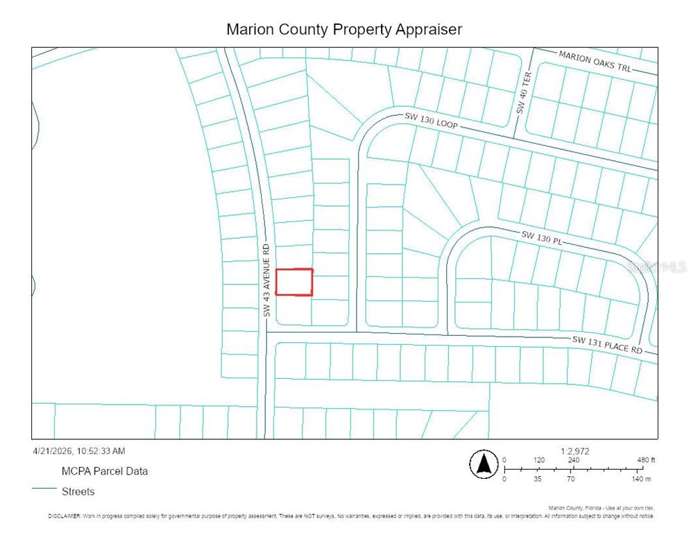 This is a property tax map showing a highlighted parcel along SW 43 Avenue Road — 0 SW 43RD AVENUE RD, OCALA, FL