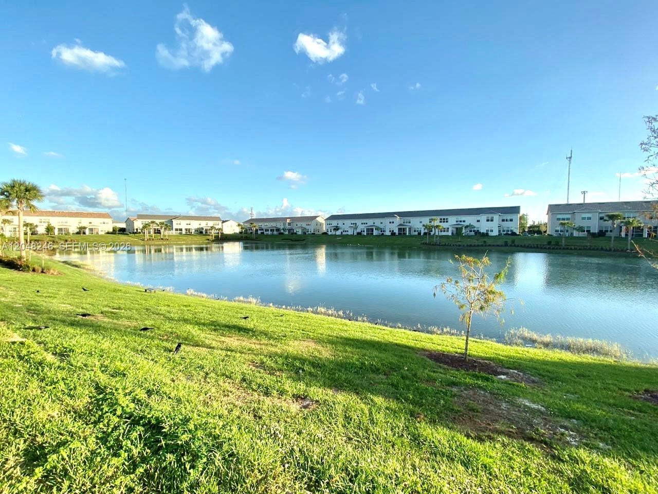 A grassy lawn slopes down to a lake surrounded by multi-story residential buildings — 4984 Greenway Dr, Hollywood FL 33021, HOLLYWOOD, FL