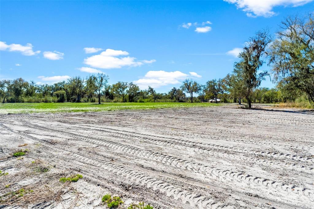 A large, cleared plot of sandy land features tire tracks and scattered trees — 1428 OXFORD PRESERVE TRAIL, OXFORD, FL