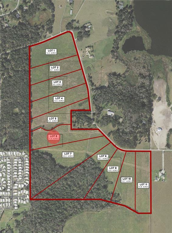 This is an aerial map showing eleven subdivided land lots with their respective acreage — BAYHEAD ROAD Lot 7, DADE CITY, FL