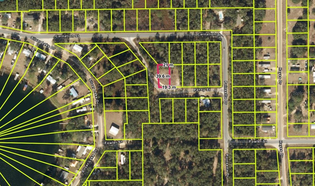 An aerial map shows a highlighted vacant lot with dimensions near the intersection of streets — 106 OLEANDER DR, INTERLACHEN, FL