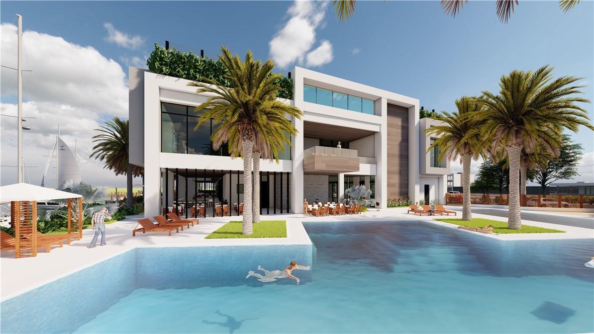 This architectural rendering shows a modern waterfront home with a large pool and palm trees — 2713 NE 42nd Street # 2713, Lighthouse Point FL 33064, LIGHTHOUSE POINT, FL