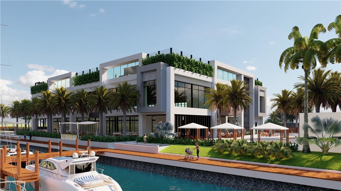 This is a rendering of a modern waterfront building with a boat dock and palm trees — 2713 NE 42nd Street # 2713, Lighthouse Point FL 33064, LIGHTHOUSE POINT, FL