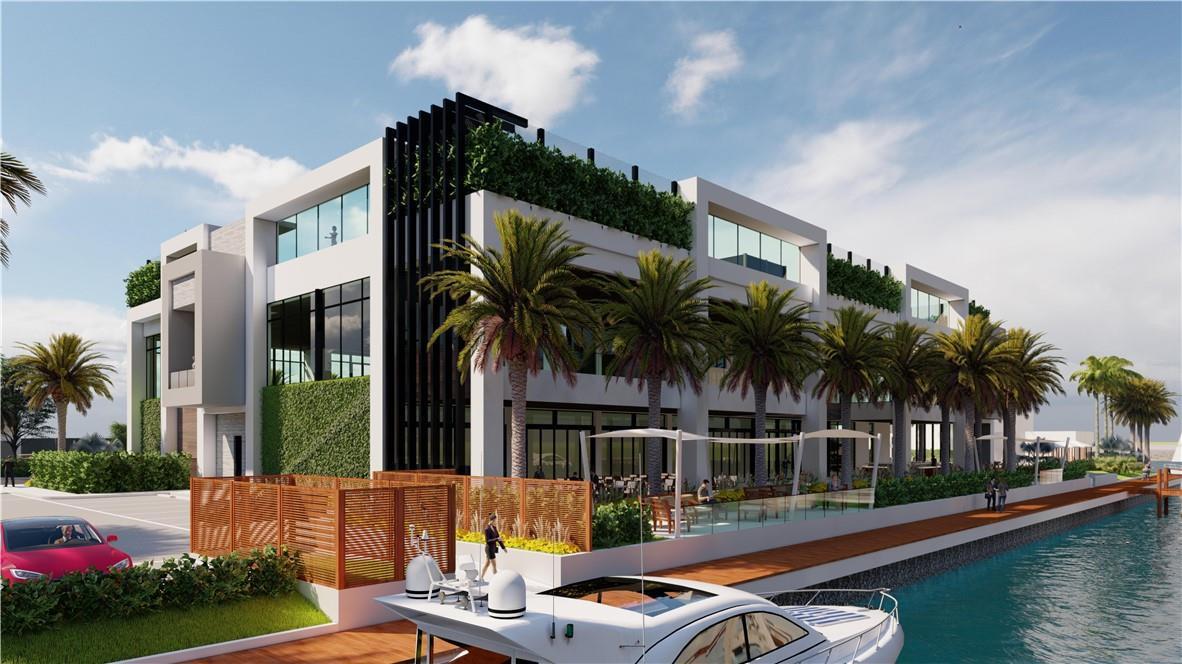 This architectural rendering shows a modern multi-story building with palm trees, a waterfront deck, and boats — 2713 NE 42nd Street # 2713, Lighthouse Point FL 33064, LIGHTHOUSE POINT, FL