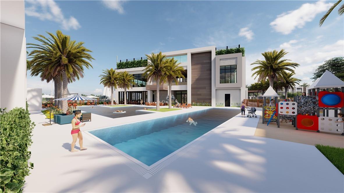 This architectural rendering shows a modern building exterior with a swimming pool and playground area — 2713 NE 42nd Street # 2713, Lighthouse Point FL 33064, LIGHTHOUSE POINT, FL