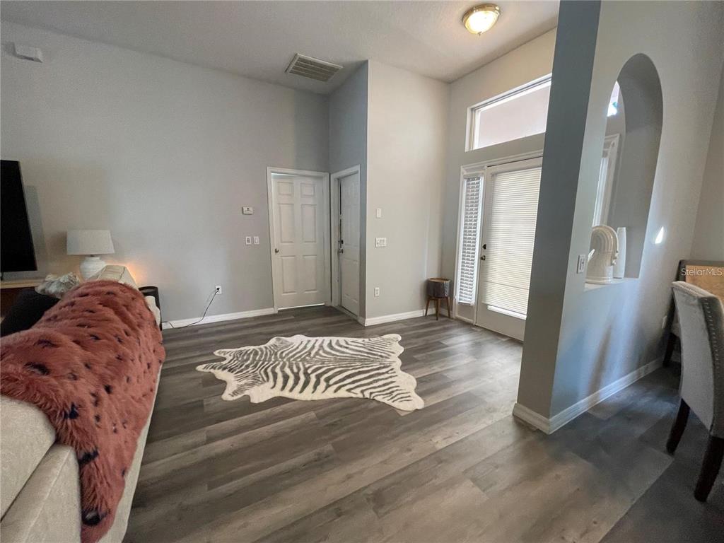 A living room with gray wood-look flooring, a zebra-print rug, and a glass-paneled door — 4314 BIEL COURT, KISSIMMEE, FL