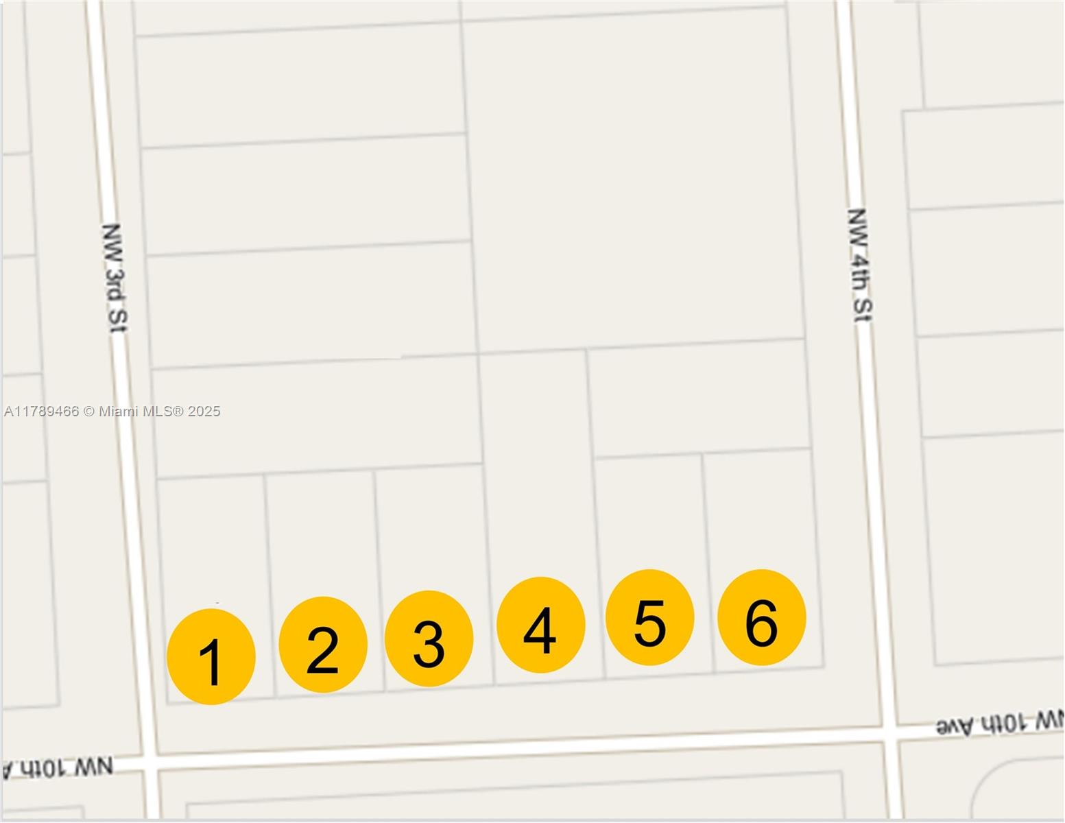 This is a map showing six adjacent land parcels located between NW 3rd St and NW 4th St — 344 NW 10th Ave, Miami FL 33128, MIAMI, FL