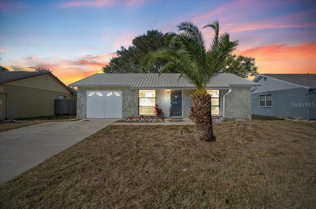 A single-story house with a metal roof, textured exterior, and a palm tree in front — 3701 MODESTO STREET, NEW PORT RICHEY, FL