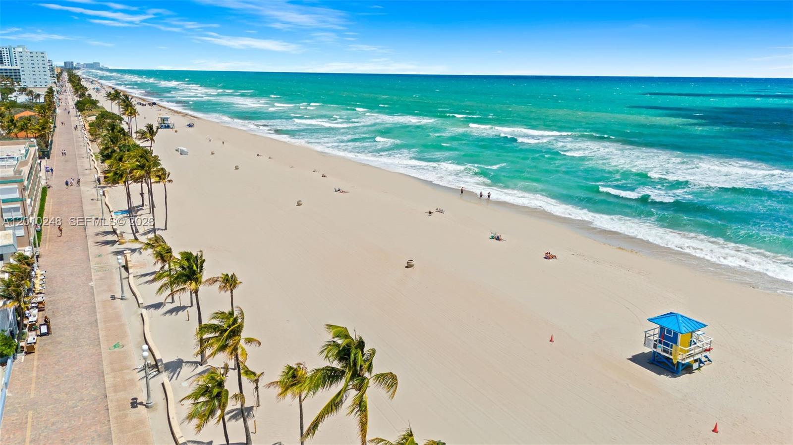 An aerial view shows a sandy beach, turquoise ocean, palm trees, and a paved boardwalk — 343 Virginia St, Hollywood FL 33019, HOLLYWOOD, FL