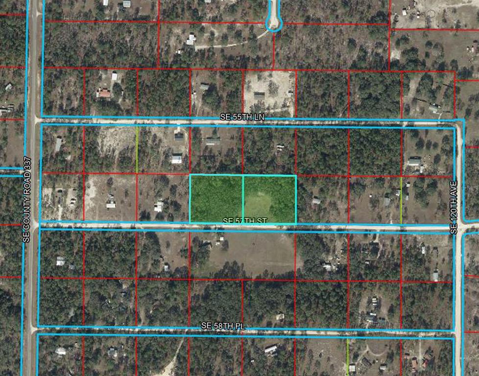 This aerial map shows two adjacent vacant lots outlined in teal along a dirt road — 11751 SE 57TH STREET, MORRISTON, FL