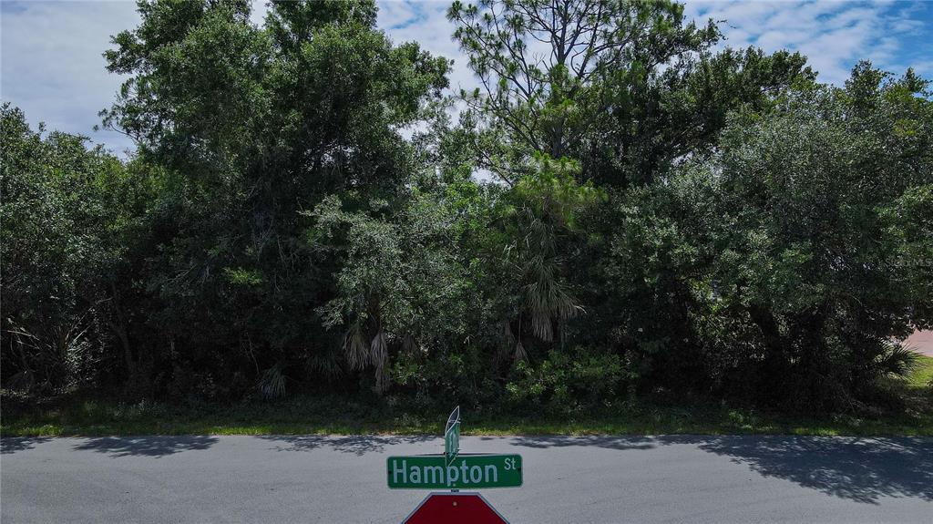 A street sign for Hampton St stands in front of a dense, wooded lot — 3388 HAMPTON STREET, PORT CHARLOTTE, FL