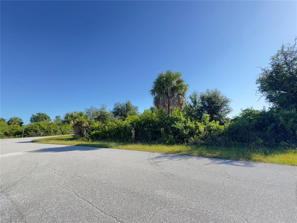 A paved road leads to a vacant, overgrown lot with trees and shrubs under blue sky — 13125 REVELL LANE, PORT CHARLOTTE, FL