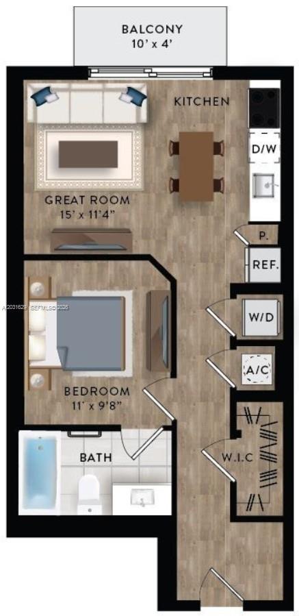 This floor plan shows a one-bedroom apartment layout with a balcony, kitchen, and bathroom — 221 SW 12th St # 619, Miami FL 33130, MIAMI, FL