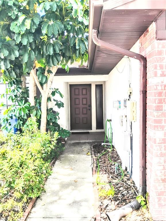 A concrete walkway leads to a brown front door beside a brick wall and foliage — 2012 DOVER COURT, OLDSMAR, FL