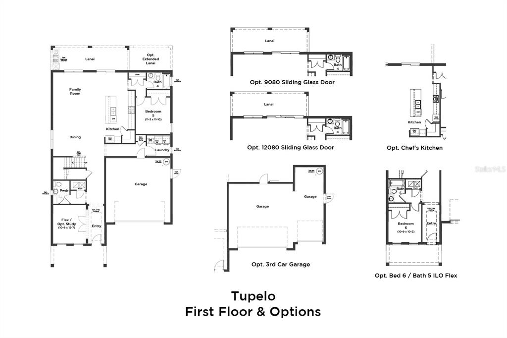 This floor plan shows the first-floor layout and various structural options for the Tupelo model — 1726 PUFFIN ROAD, ST CLOUD, FL