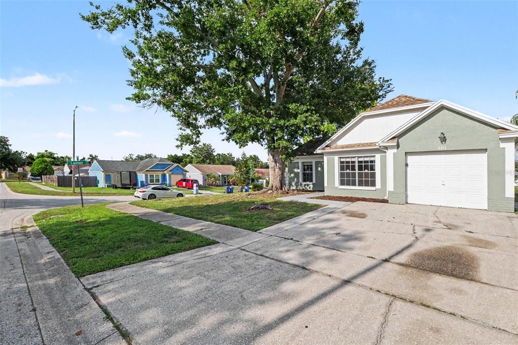 A single-story house with a white garage and a large tree in the front yard — 301 REGAL PARK DRIVE, VALRICO, FL
