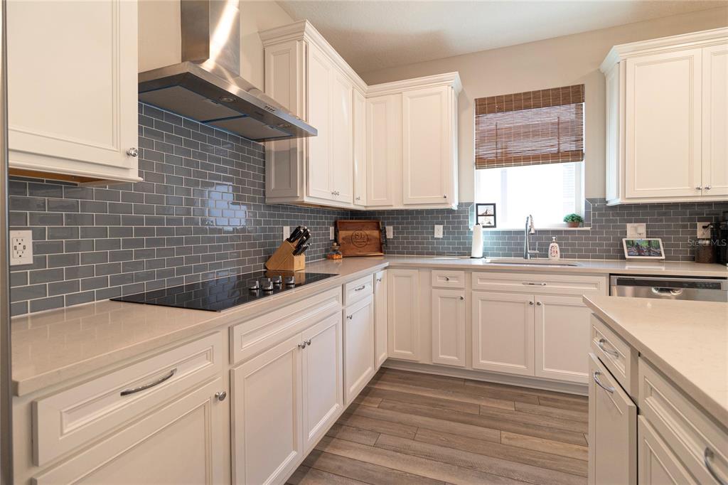 A kitchen features white cabinets, gray subway tile backsplash, stainless steel appliances, and wood flooring — 12951 BROOKSIDE MOSS DRIVE, RIVERVIEW, FL