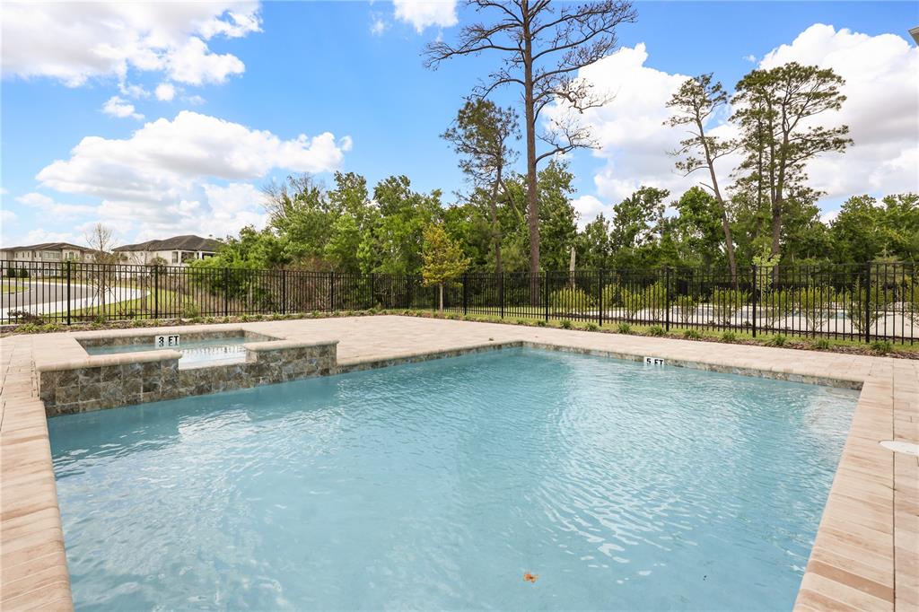A backyard swimming pool with an attached spa and stone tile surround — 7638 WHITEMARSH WAY, KISSIMMEE, FL