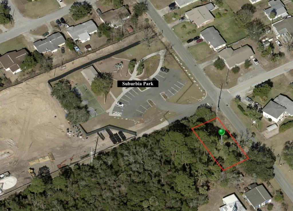 This aerial map shows a residential lot outlined in red adjacent to a public park — HEINEMAN STREET, DAYTONA BEACH, FL