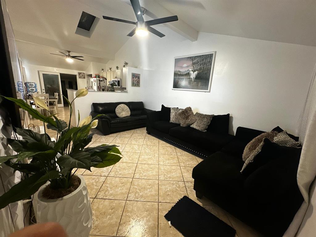 A living room features black sofas, tile flooring, a vaulted ceiling, and a ceiling fan — 16004 SADDLE CREEK DRIVE, TAMPA, FL