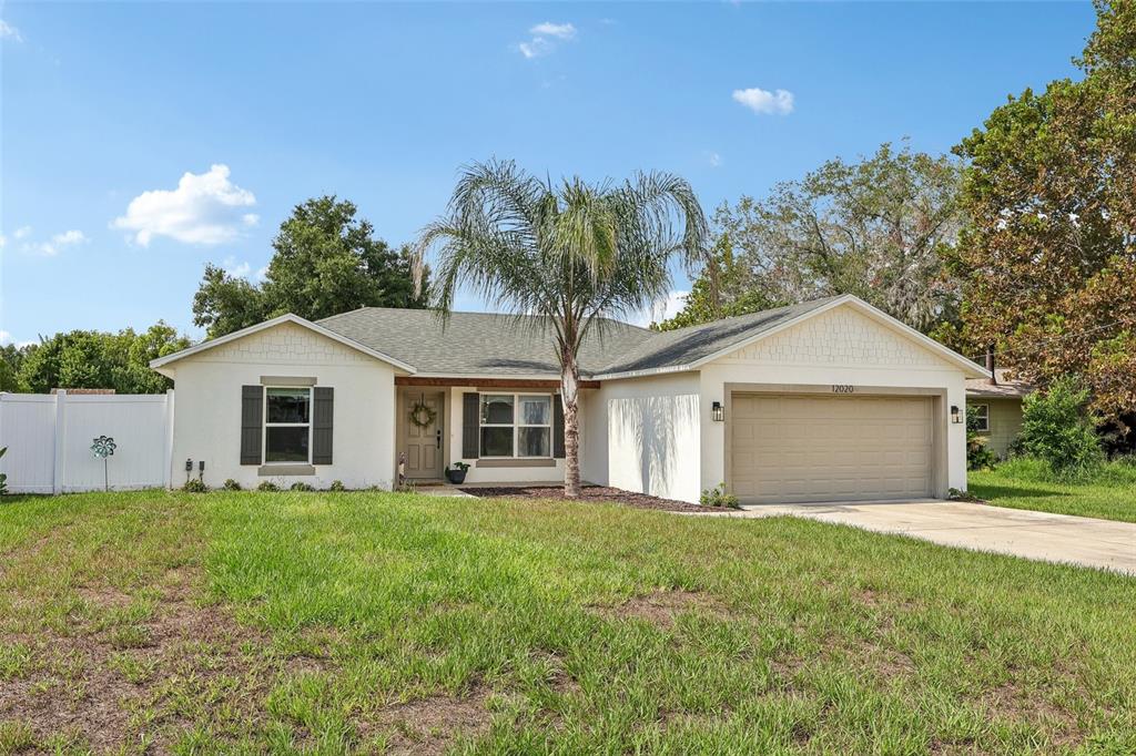 A single-story house with a beige stucco exterior, a two-car garage, and a palm tree — 12020 VIRGINIA DRIVE, LEESBURG, FL