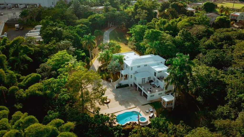 An aerial view shows a white multi-story house with a pool surrounded by dense trees — CARR 799 KM 29.5 BO RIO CANAS SECT LA PONDEROSA UNIT 4, CAGUAS, PR