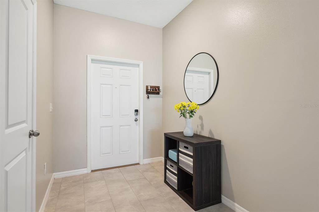An entryway features a white front door, a dark storage cubby, and a round mirror — 14323 EASY GOER STREET, RUSKIN, FL