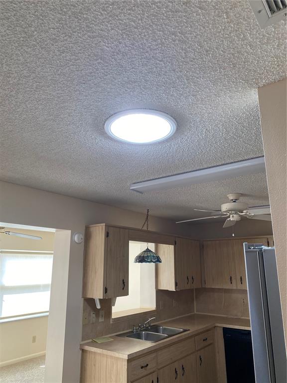 A kitchen features light wood cabinets, a double sink, a ceiling fan, and a skylight — 8666 SW 92ND LANE UNIT C, OCALA, FL