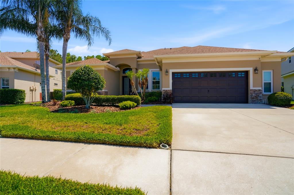A tan single-story house with a garage and palm trees sits on a grassy lawn — 3320 GRASSGLEN PLACE, WESLEY CHAPEL, FL