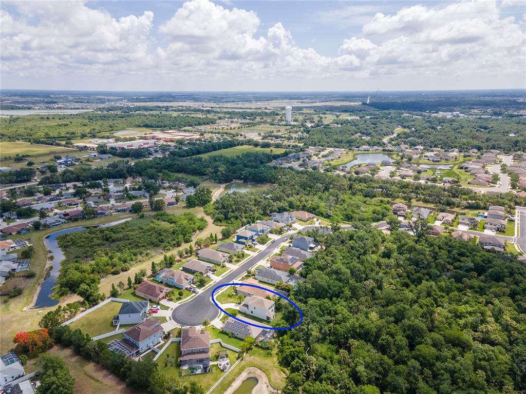 An aerial view shows a two-story house circled in blue within a suburban neighborhood — 6311 HORSE MILL PLACE, PALMETTO, FL
