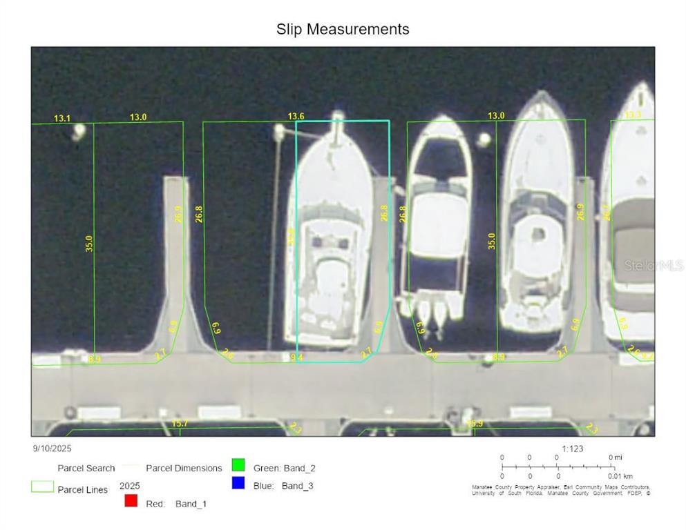 This map displays aerial measurements of boat slips at a marina — 102 RIVIERA DUNES WAY UNIT N-26, PALMETTO, FL