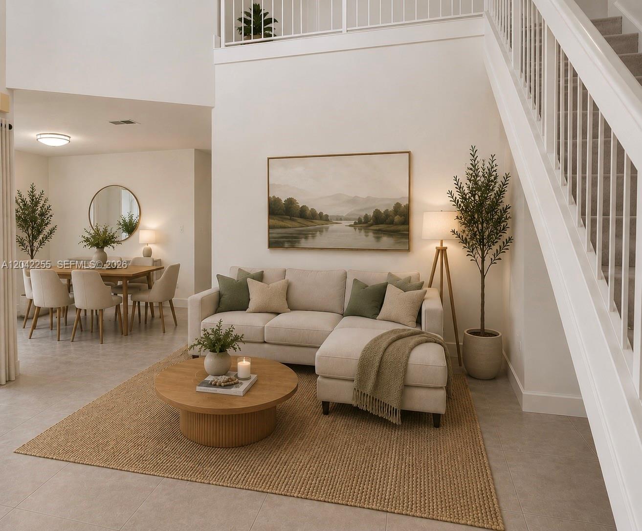 This is a rendering of a living room with a sectional sofa and dining area — 14912 SW 104th St # 48, Miami FL 33196, MIAMI, FL