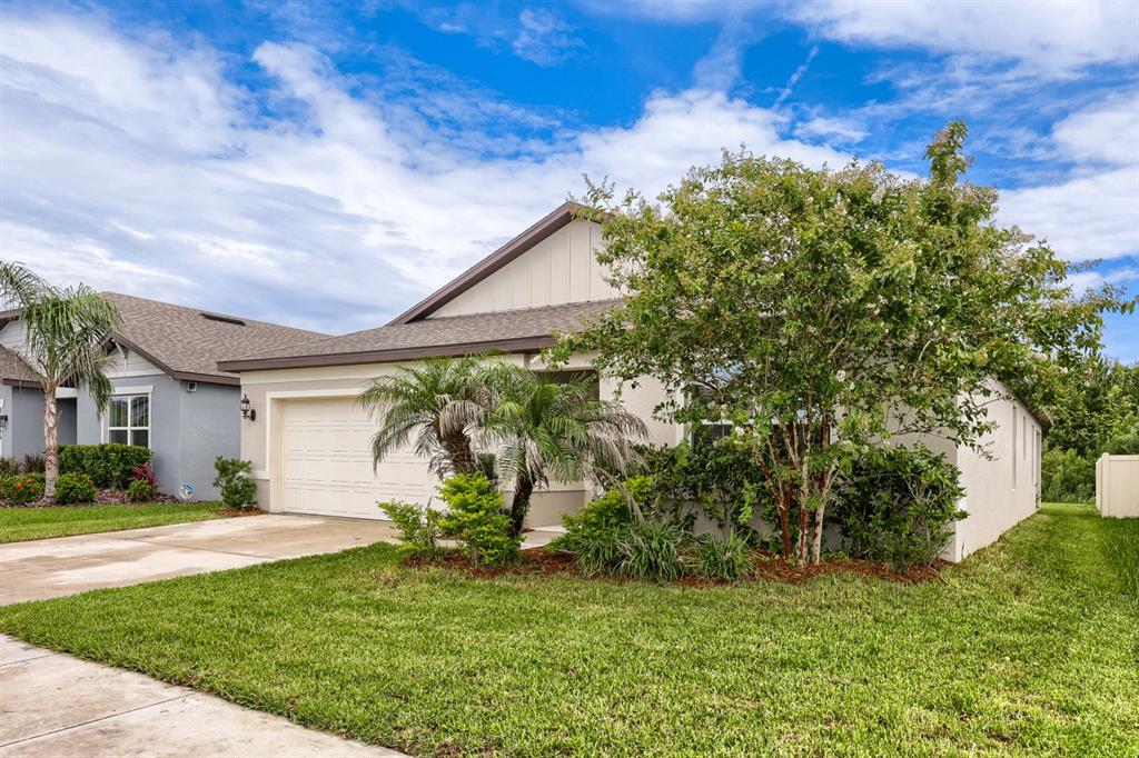 A single-story house with a beige stucco exterior, a two-car garage, and a landscaped yard — 30169 MERILEE PLACE, WESLEY CHAPEL, FL