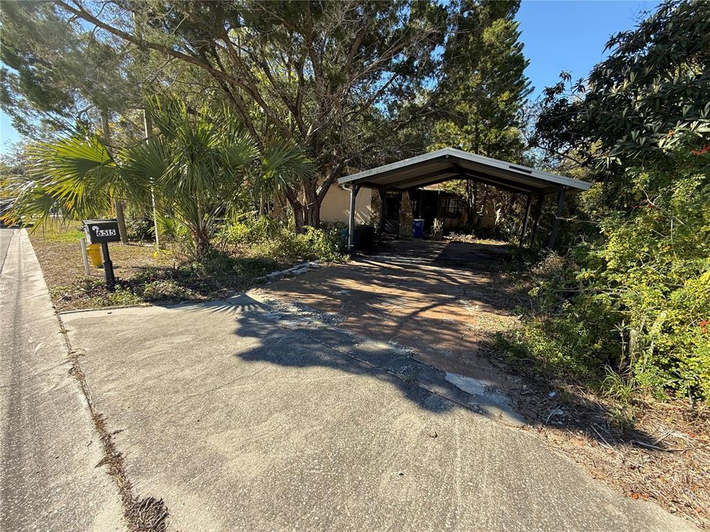 A concrete driveway leads to a metal carport in front of a house with trees — 6515 TAYLOR COURT, NEW PORT RICHEY, FL