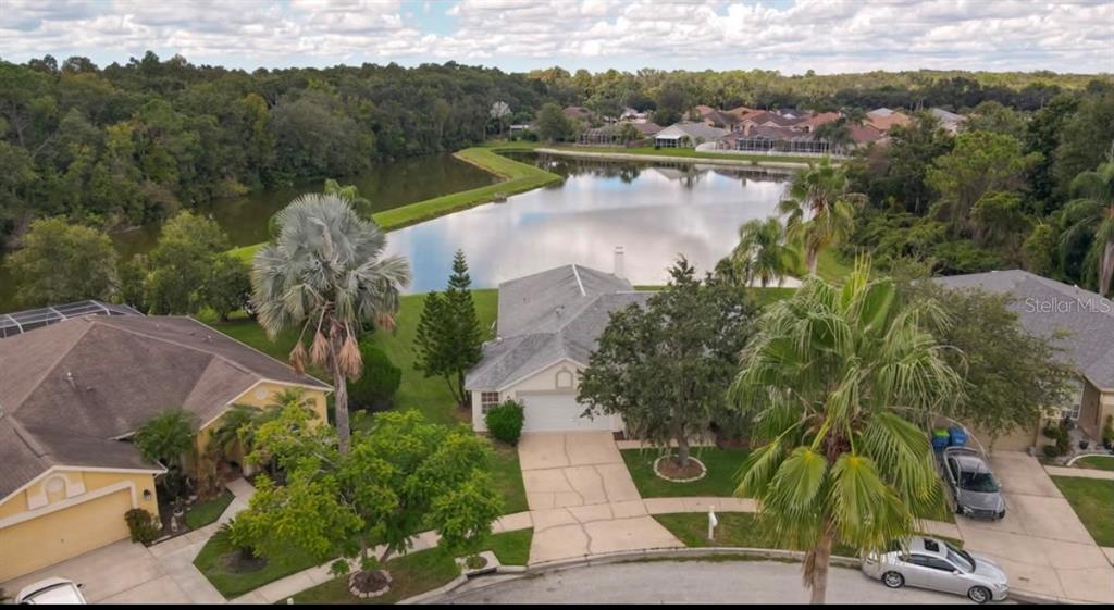 An aerial view shows a suburban house with a gray roof overlooking a large pond — 29619 ALLEGRO DRIVE, WESLEY CHAPEL, FL