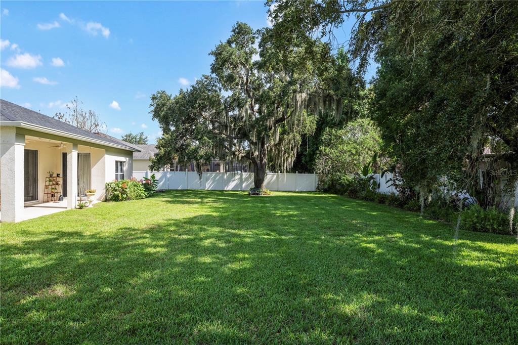 The rear exterior of a single-story house features a covered patio and a large lawn — 3192 WATERBRIDGE LANE, KISSIMMEE, FL