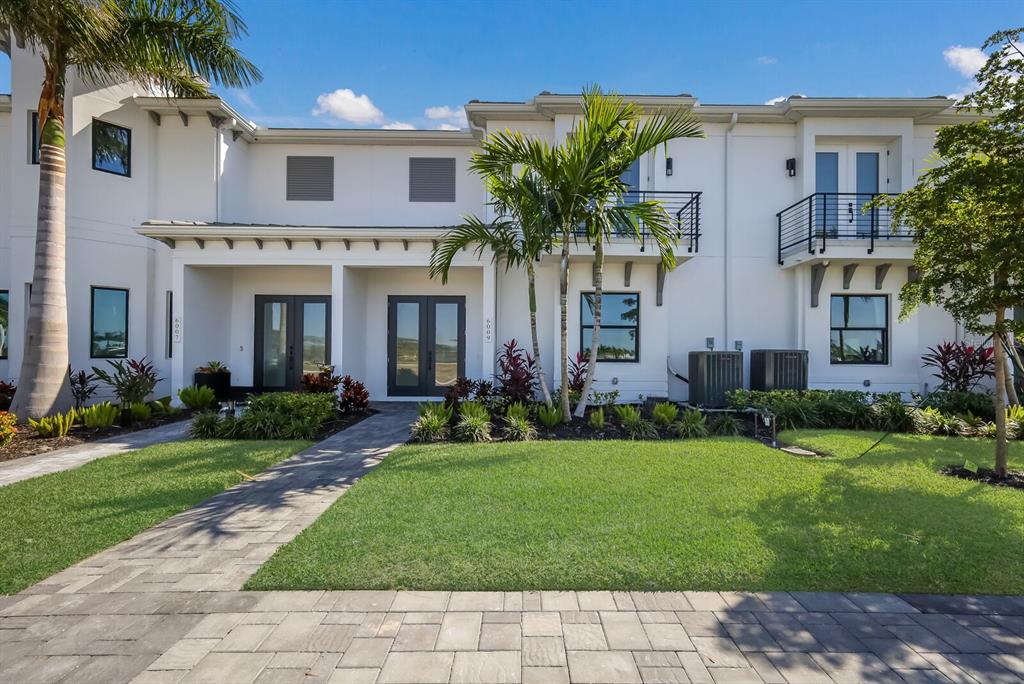 A two-story white townhouse exterior with a paved walkway, palm trees, and a green lawn — 6009 WHITE MANGROVE LANE, BRADENTON, FL