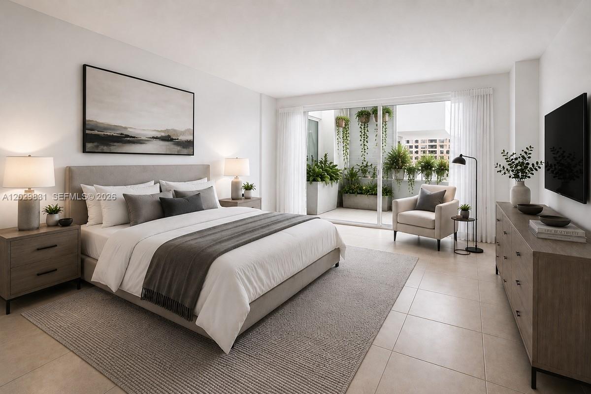 This is a rendering of a modern bedroom featuring a balcony with hanging plants — 199 Ocean Lane Dr # 911, Key Biscayne FL 33149, KEY BISCAYNE, FL
