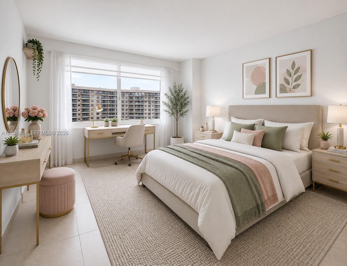 This is a digital rendering of a modern bedroom featuring a bed, desk, and vanity — 199 Ocean Lane Dr # 911, Key Biscayne FL 33149, KEY BISCAYNE, FL