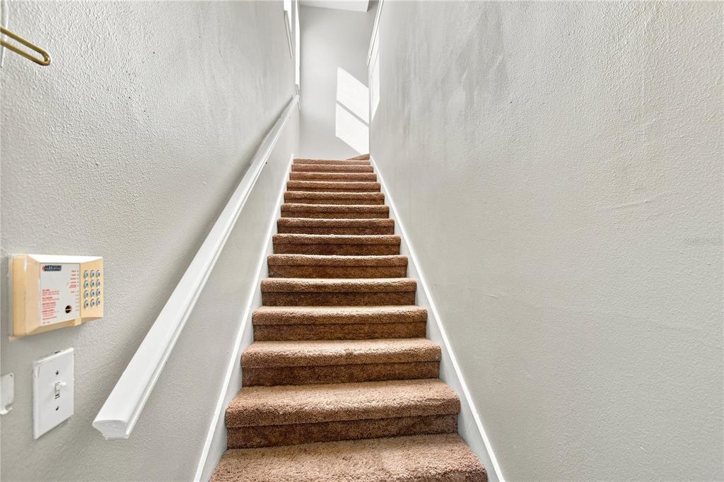 A carpeted staircase with white walls and a handrail leads to an upper landing — 10467 VILLA VIEW CIRCLE UNIT 10467, TAMPA, FL