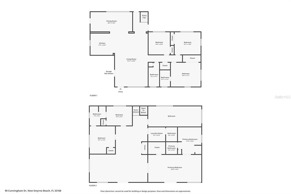 This image is a two-story floor plan showing the layout of rooms and living spaces — 90 CUNNINGHAM DRIVE, NEW SMYRNA BEACH, FL