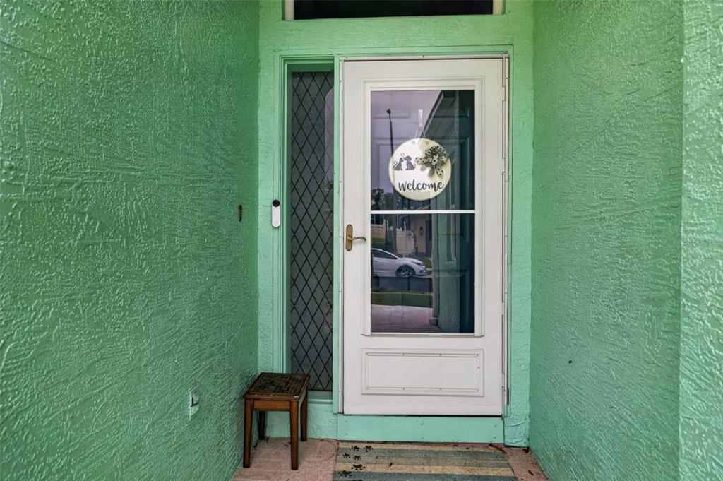 A front entryway features a white storm door, a small wooden stool, and green walls — 1747 WOOD BROOK STREET, TARPON SPRINGS, FL