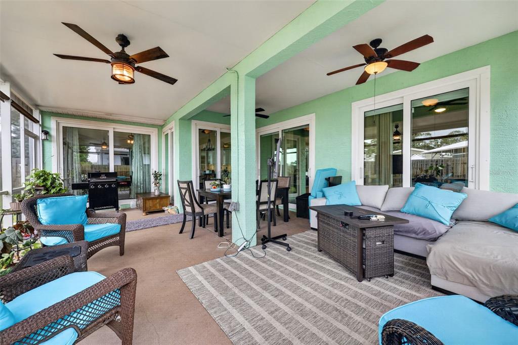 A covered patio features light green walls, two ceiling fans, and outdoor furniture — 1747 WOOD BROOK STREET, TARPON SPRINGS, FL