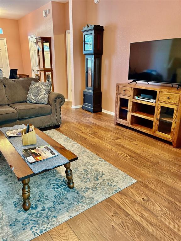 A living room features a brown sofa, a wooden coffee table, and a grandfather clock — 18970 SW 99TH STREET, DUNNELLON, FL
