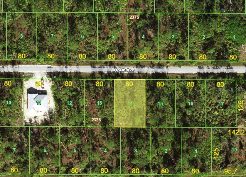 This is an aerial map showing a grid of residential land parcels along Harth Avenue — 13345 HARTH AVENUE, PORT CHARLOTTE, FL